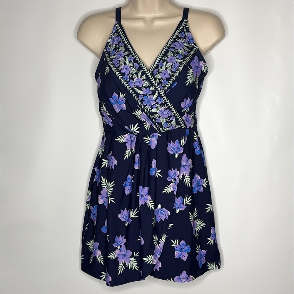 Lands' End Women's Floral Swim Dress Navy and purple